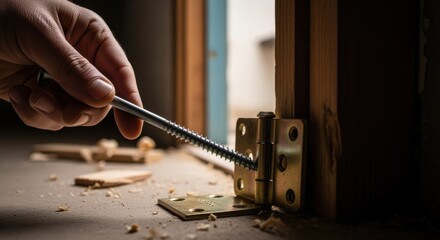 Hand holding a long screw next to a door hinge preparing for hinge reinforcement during a renovation project.