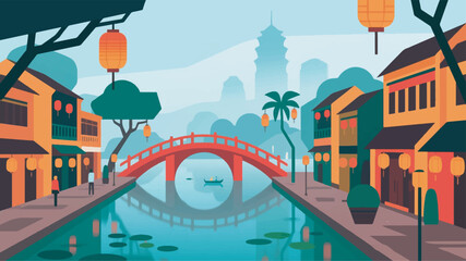 Fototapeta premium Illustration Of Hoan Kiem Lake With Red Bridge On Old Town Street Full Of Lanterns Vector Design Template