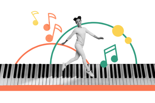 Composite creative art collage of happy girl run piano buttons melody entertainment music note composer isolated on painted background