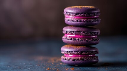A vertical stack of four purple macaron cookies with pink filling stands against a dark backdrop adorned with delicate g