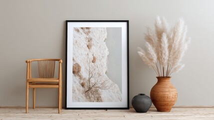 A minimalist interior scene featuring a natural wood chair, framed natural landscape, textured terracotta vase,