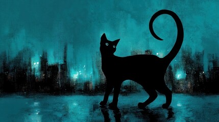Silhouette of a cat with raised tail against a cityscape at night, glowing eyes reflecting light, dark sky,