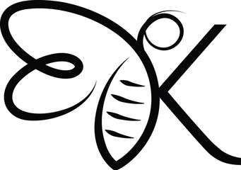 Line art flying Bee with letter K Vector Illustration. 