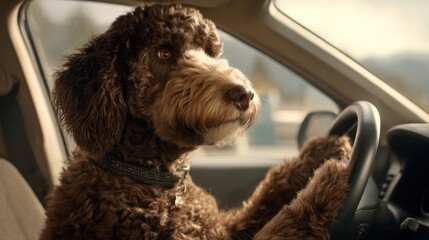 A brown curly fur dog sits attentively in the driver seat gripping the steering wheel wearing a black collar with tags i