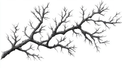Obraz premium Detailed black and white illustration of delicate tree branches with intricate bark texture against plain white backgrou