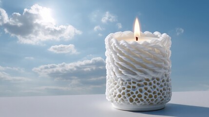 A lit white candle with intricate braided design rests on a flat surface against bright blue sky scattered with fluffy c