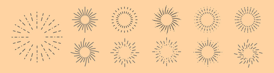 Set of round sunburst, line radial frame, firework icons