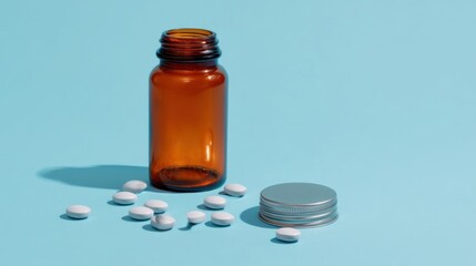 An amber glass bottle with a metal screw cap sits beside loose white tablets on a light blue solid background,