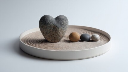 A serene Zen garden design features a heart shaped stone flanked by two spheres resting on sand with curved lines radiat