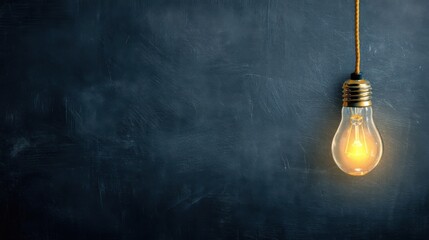 A single incandescent light bulb hangs from an electrical cord against a dark blue chalkboard background,