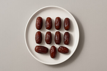 A top-down view of a white plate filled with delicious, dark brown dates, a healthy and sweet fruit