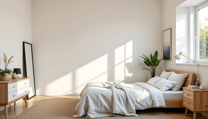 An interior space that appears to be a modern bedroom. The room is brightly lit, possibly from natural light, highlighting the minimalist decor