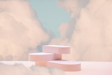 Minimal podium table top in outdoor on blue sky pink cloud background.Beauty cosmetic product placement pedestal modern stand display,surreal paradise dreamy concept.