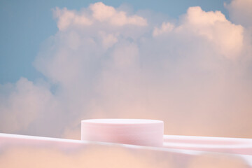 Minimal podium table top in outdoor on blue sky pink cloud background.Beauty cosmetic product placement pedestal modern stand display,surreal paradise dreamy concept.