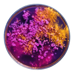Microbial colonies in petri dish, vibrant colors