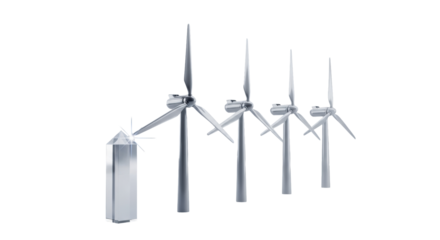 Three modern wind turbines, diminishing row, with a crystal prism, on a seamless transparent studio background, 45-degree view. Concept of modern clean energy