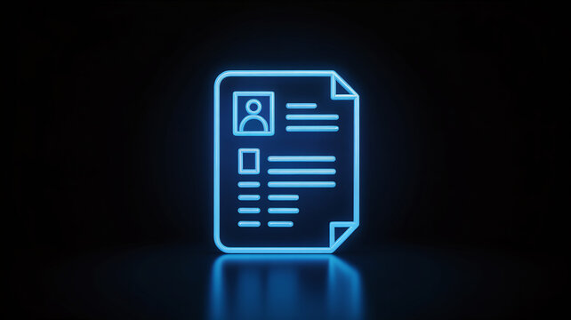 A glowing blue neon outline of a resume or cv document with a profile picture and text sections, isolated on a black background