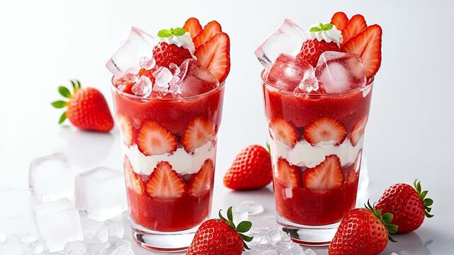 Two vibrant and deliciously refreshing strawberry layered desserts are presented in tall glasses, showcasing a delightful blend of rich red strawberry puree, creamy white layers, and fresh sliced stra
