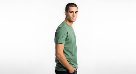 Young man wearing a green tshirt isolated on white background