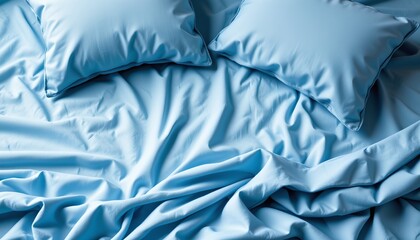 A serene bedroom scene featuring a blue satin bedspread that is rumpled, suggesting recent use.
