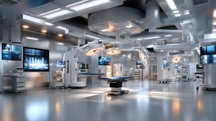 High-tech surgical environment featuring multiple screens displaying patient data and medical imaging while a procedure takes place
