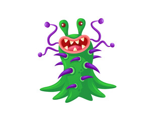 Cartoon Green Germ with Purple Tentacles and Red Eyes on Transparent Background