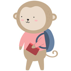 Cartoon Monkey with Pink Shirt Holding Red Book and Blue Backpack on Transparent Background