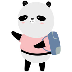 Cartoon Panda Character with Gray White Fur in Pink Shirt and Blue Backpack on Transparent Background