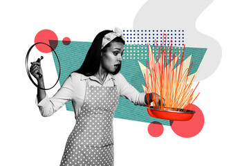 Composite collage artwork image picture of girl apron burn food pan isolated on creative background
