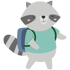Cartoon Raccoon with Blue Backpack and Green Shirt on Transparent Background
