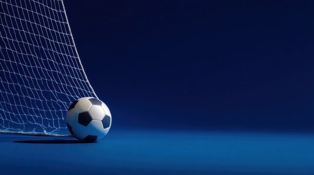 A classic soccer ball near a goal net against a deep blue background, black pentagons, white hexagons,