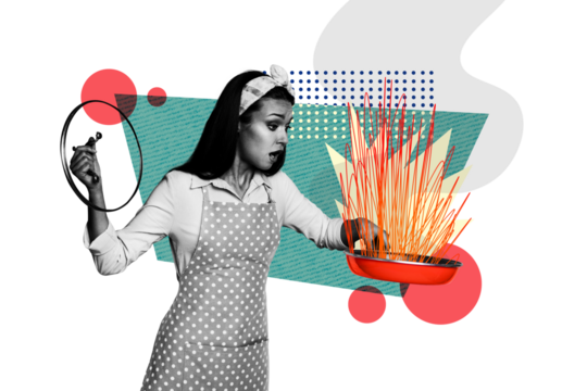 Composite collage artwork image picture of girl apron burn food pan isolated on creative background