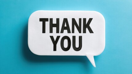 A white speech bubble with rounded corners on a blue background contains the bold black text THANK YOU arranged in two l