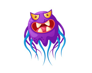 Cartoon Purple Germ Character with Sharp Teeth and Angry Expression Floating on Transparent Background