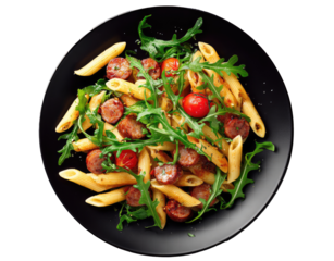 Pasta dish with sausage, arugula, and cherry tomatoes