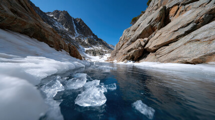 Obraz premium A stunning view of a crystal-clear mountain stream flowing between rocky cliffs, with patches of snow and bright blue skies reflecting an unspoiled, tranquil nature scene.
