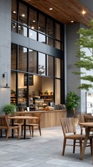 Fototapeta premium Bright and spacious cafe features outdoor seating and a large counter, creating a welcoming atmosphere for customers to enjoy