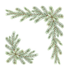 Obraz premium Set of corner frame isolated illustration spruce tree branch. Watercolor border for Christmas design. Hand drawn pine twig with needles for winter holiday packaging. Template for card with copy space.