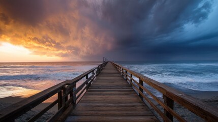 Obraz premium A wooden boardwalk stretches over calm ocean waters under dramatic stormy clouds during twilight,