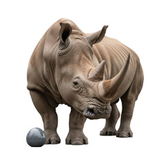 Obraz premium White rhinoceros with rugged skin, powerful horns, beside a dark grey river stone on pristine transparent, elegant minimalist product photography concept.