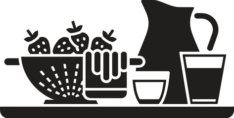 Still life illustration of strawberries in a colander with a pitcher and glasses