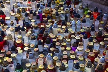 Cemetery in Poland. Daytime view of znicz grave candles on All Saints Day (Wszystkich Swietych in Polish).