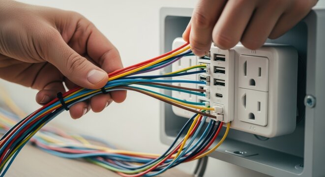 Footage showing organization of electrical wires before connecting USB combo receptacle for clean wiring practices.