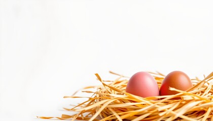 A nest of golden eggs is placed in the middle of a large white surface, creating a contrast between the vibrant hue of the eggs and the stark simplicity of the background.