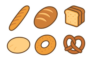 Collection of baked goods including baguette loaf sliced bread bagel and pretzel