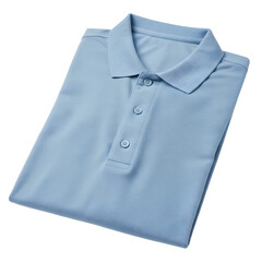 An elegant, folded light-blue polo shirt, exhibiting a smart, classic design with a buttoned placket.