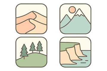 Minimalist natural landscape icons featuring desert dunes, mountain peak, forest trees, and coastal cliffs