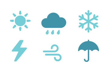 Six simple graphic icons representing various weather conditions and climate elements