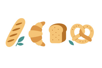 Baguette, croissant, toast slice, and pretzel baked goods assortment