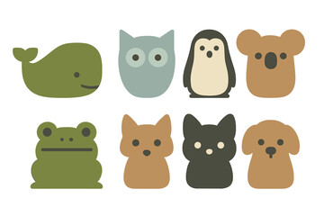 Eight cute minimalist animal characters set including whale, owl, penguin, koala, and pets